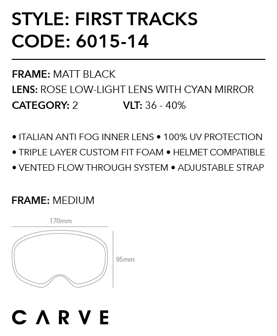 Snow Goggles Carve FIRST TRACKS Matt Black - Rose Low Light w Cyan Mirror